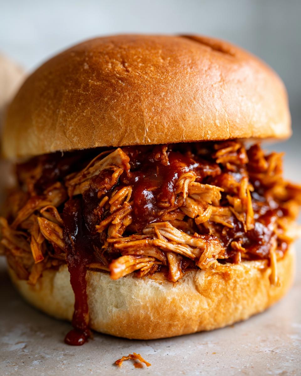 Close-up of a delicious pulled BBQ chicken sandwich overflowing with tender chicken and sauce on a soft bun.