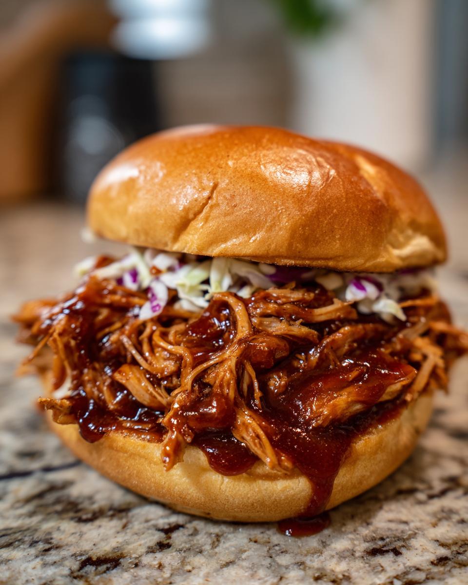 A delicious sandwich filled with slow cooker pulled BBQ chicken and coleslaw on a toasted bun.
