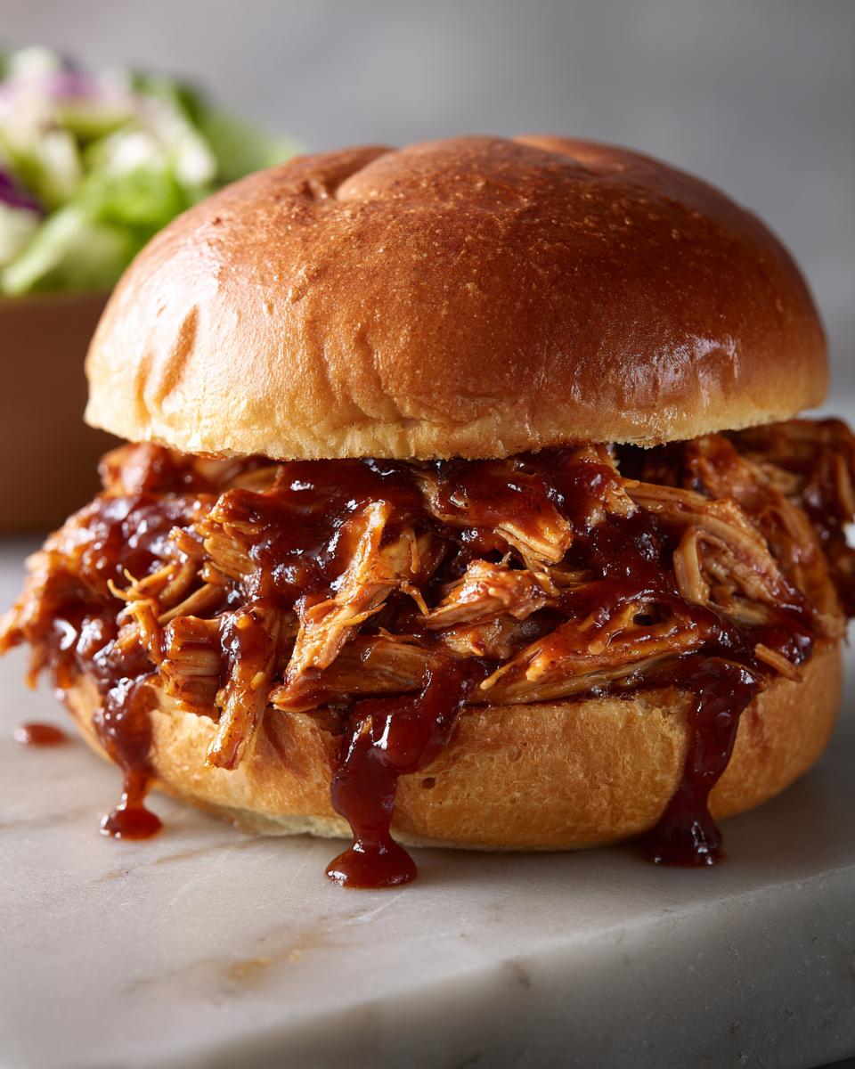 A delicious pulled BBQ chicken sandwich made with slow cooker recipes, piled high on a bun with BBQ sauce dripping.