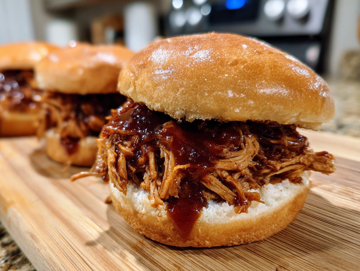 Close-up of a delicious pulled BBQ chicken sandwich made with slow cooker recipes, piled high on a bun.