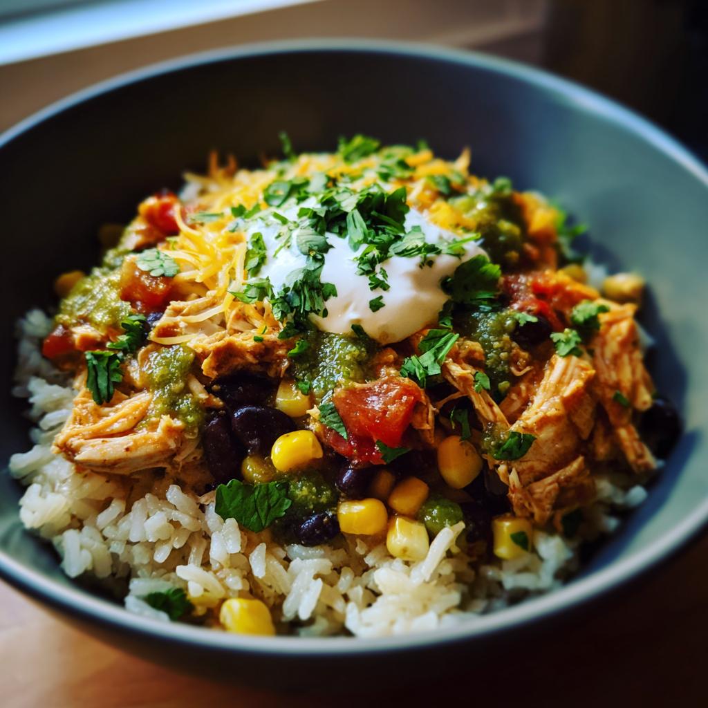 A delicious bowl of Slow Cooker Salsa Verde Chicken Taco Bowl with rice, beans, corn, chicken, and toppings.