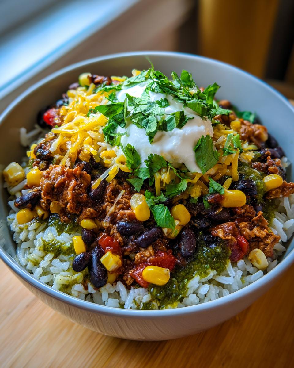 A delicious bowl of slow cooker salsa verde chicken taco bowl with rice, beans, corn, cheese, and sour cream.