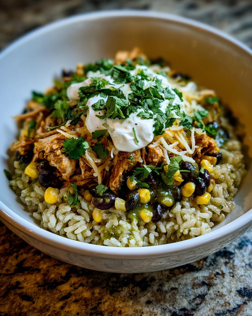 A close-up of a Slow Cooker Salsa Verde Chicken Taco Bowl with rice, shredded chicken, black beans, corn, cheese, sour cream, and cilantro.