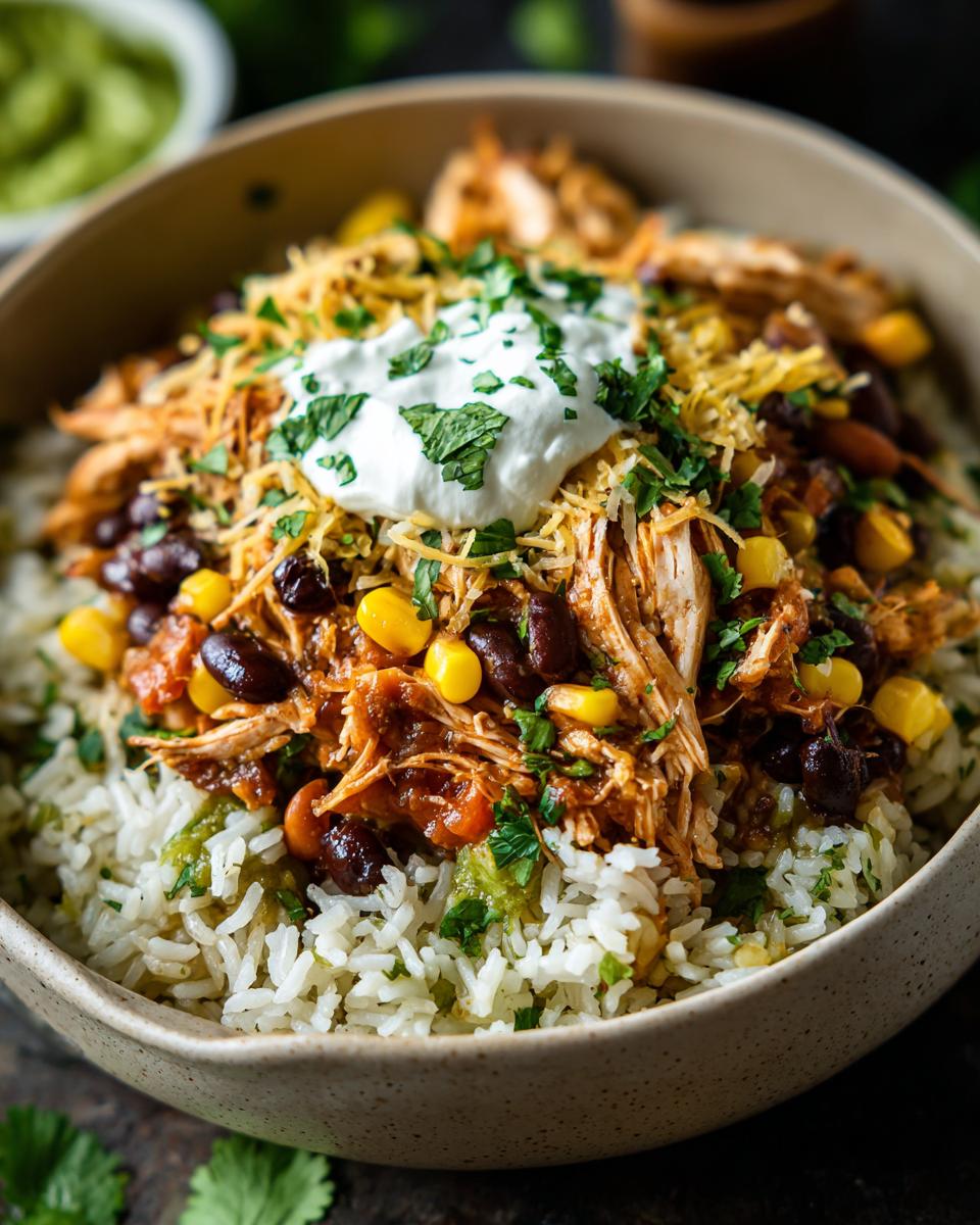 A bowl of Slow Cooker Salsa Verde Chicken Taco Bowl with rice, shredded chicken, black beans, corn, cheese, and sour cream.