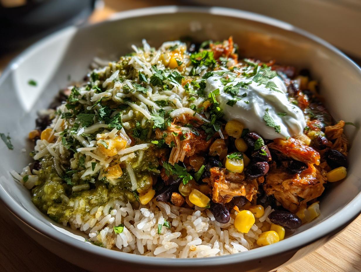 A delicious Slow Cooker Salsa Verde Chicken Taco Bowl with rice, black beans, corn, shredded cheese, and sour cream.