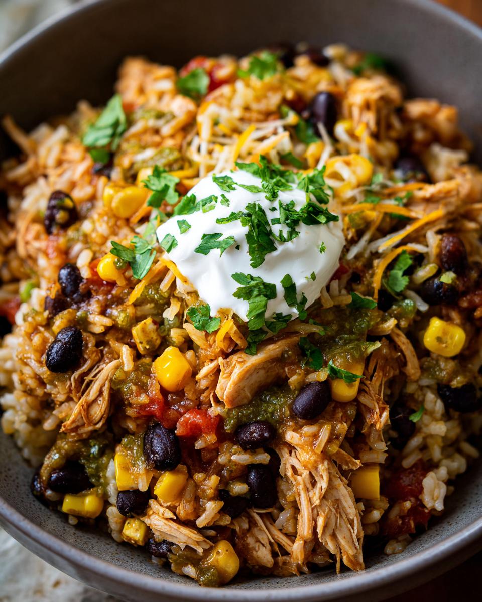 Close-up of a bowl filled with Slow Cooker Salsa Verde Chicken Taco Bowls, featuring shredded chicken, rice, black beans, corn, salsa verde, and a dollop of sour cream.