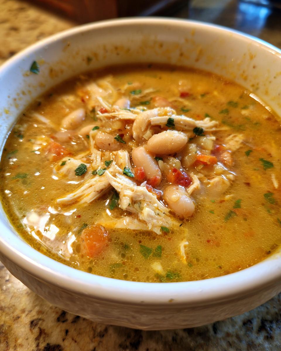 A close-up of a bowl of flavorful white chicken chili, packed with shredded chicken and white beans.