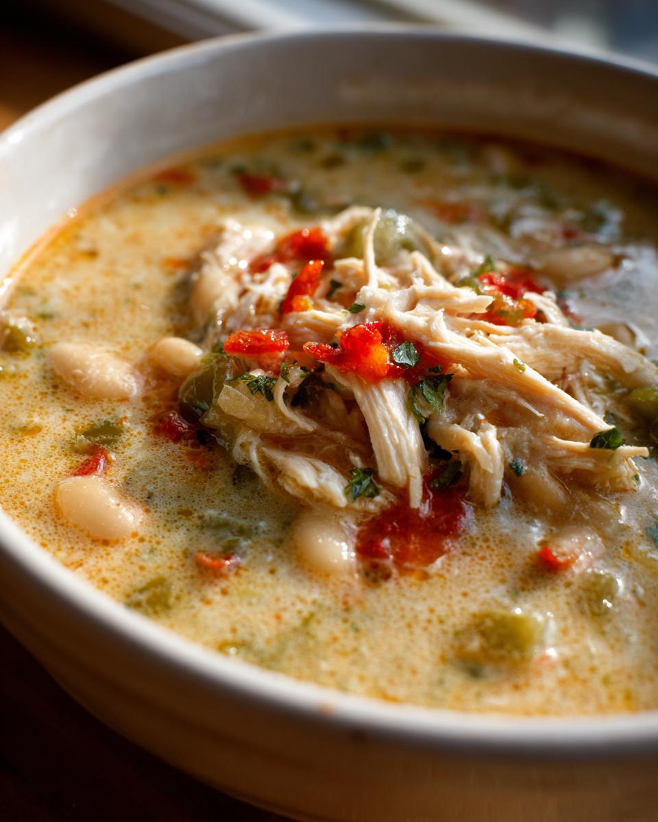 A close-up of a bowl of creamy white chicken chili with shredded chicken, white beans, and diced red peppers.