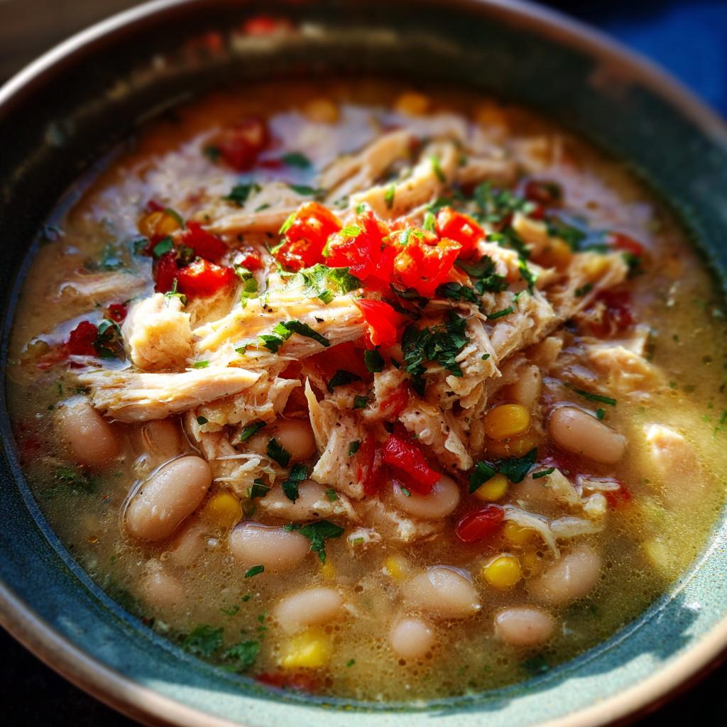 Close-up of a bowl of flavorful white chicken chili, featuring shredded chicken, white beans, corn, and red peppers.
