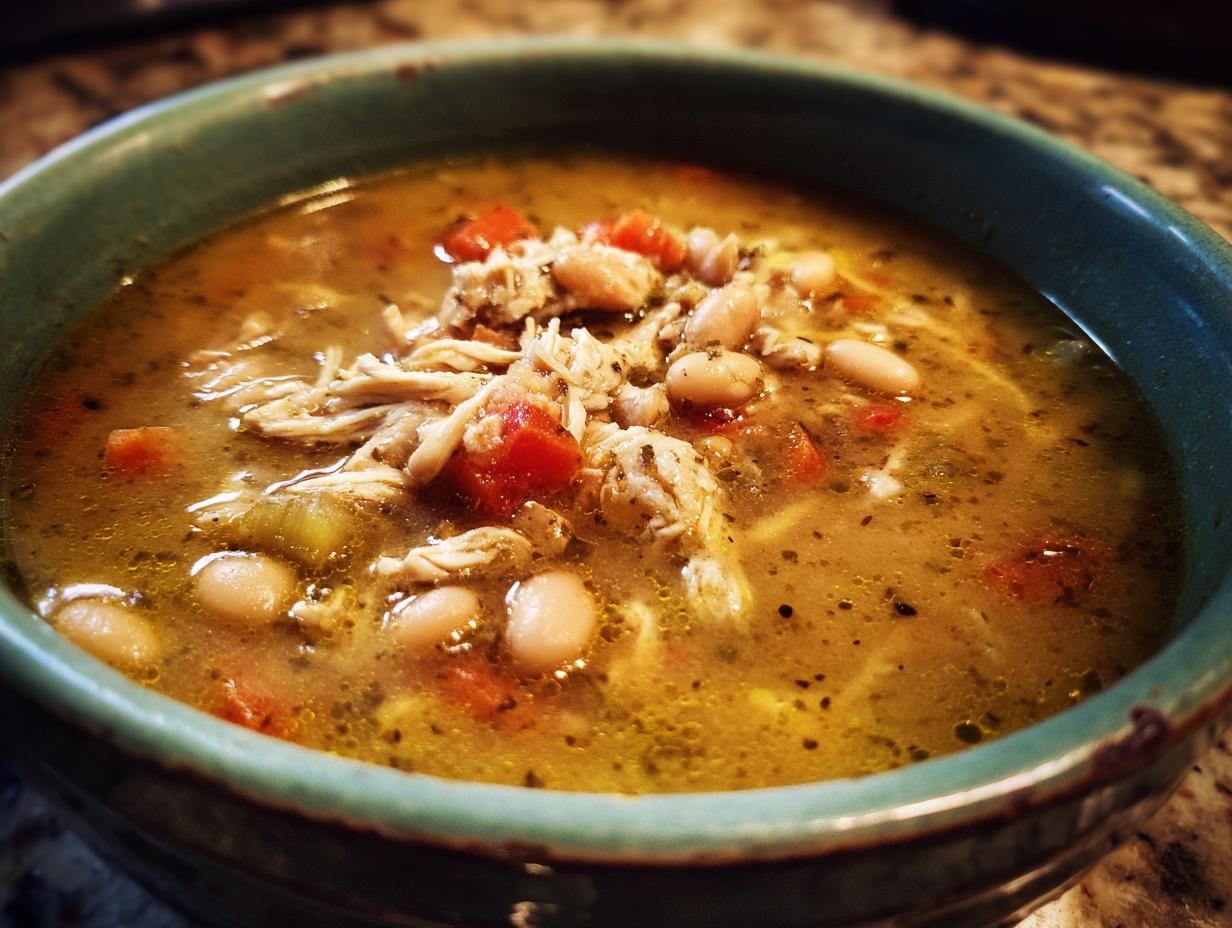 A close-up of a bowl of flavorful white chicken chili, featuring shredded chicken, white beans, and diced tomatoes.