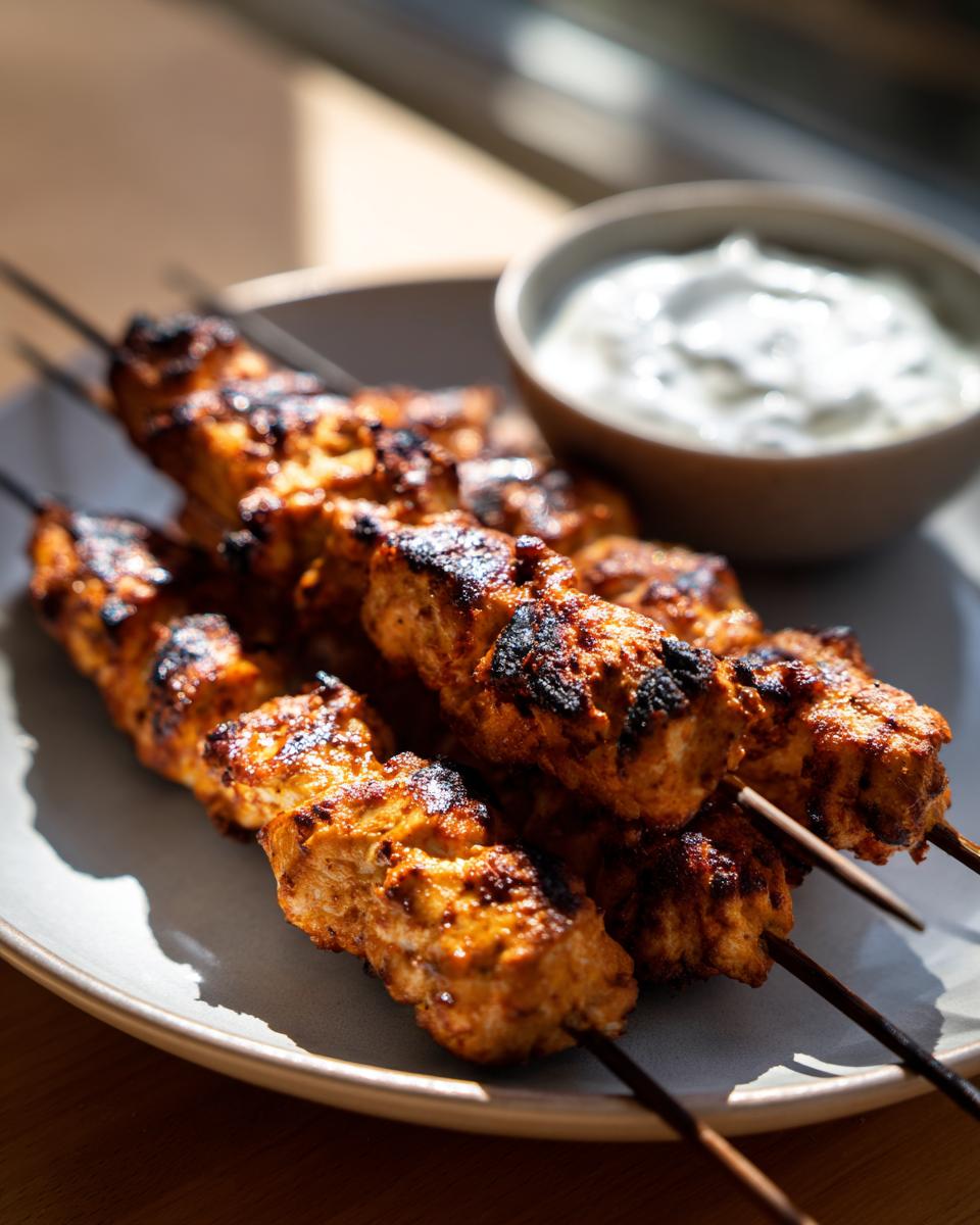 Close-up of smoky chicken skewers with charred edges, served with a bowl of garlic yogurt dip.