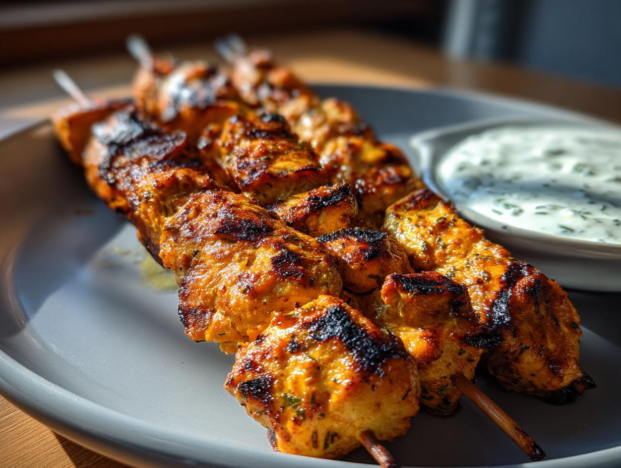 Close-up of juicy, grilled smoky chicken skewers served with a side of creamy garlic yogurt dip.