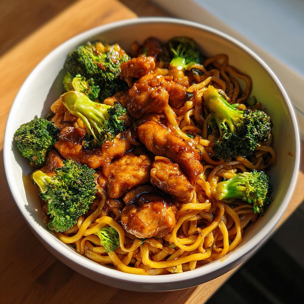 A close-up of a bowl filled with Spicy Garlic Chicken and Broccoli Noodle Bowls, featuring tender chicken pieces, vibrant broccoli florets, and savory noodles.