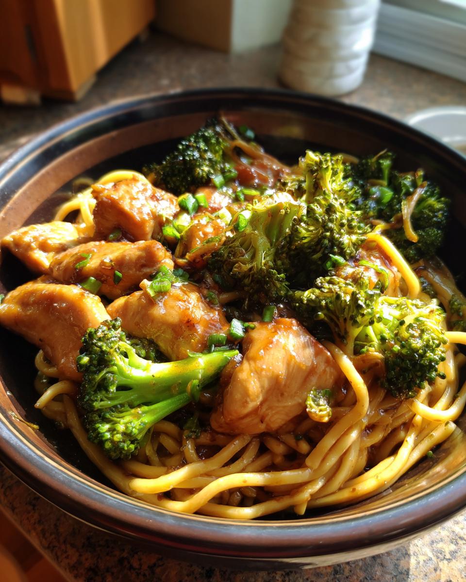 A close-up of a bowl filled with Spicy Garlic Chicken and Broccoli Noodle Bowls, showing tender chicken pieces, vibrant broccoli florets, and noodles coated in a glossy sauce.
