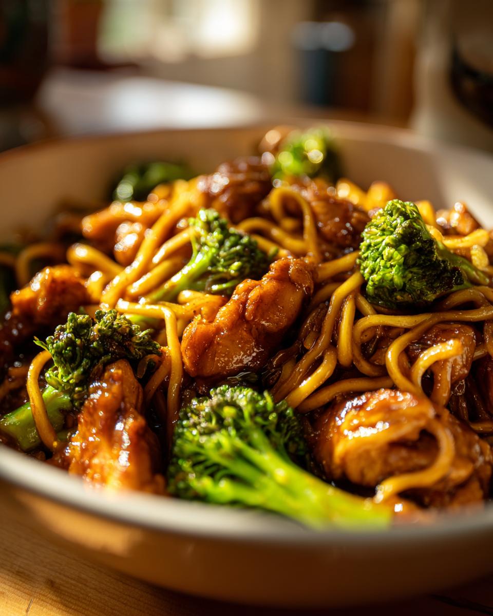 Close-up of a bowl filled with Spicy Garlic Chicken and Broccoli Noodle Bowls, showcasing tender chicken pieces, vibrant broccoli florets, and savory noodles.