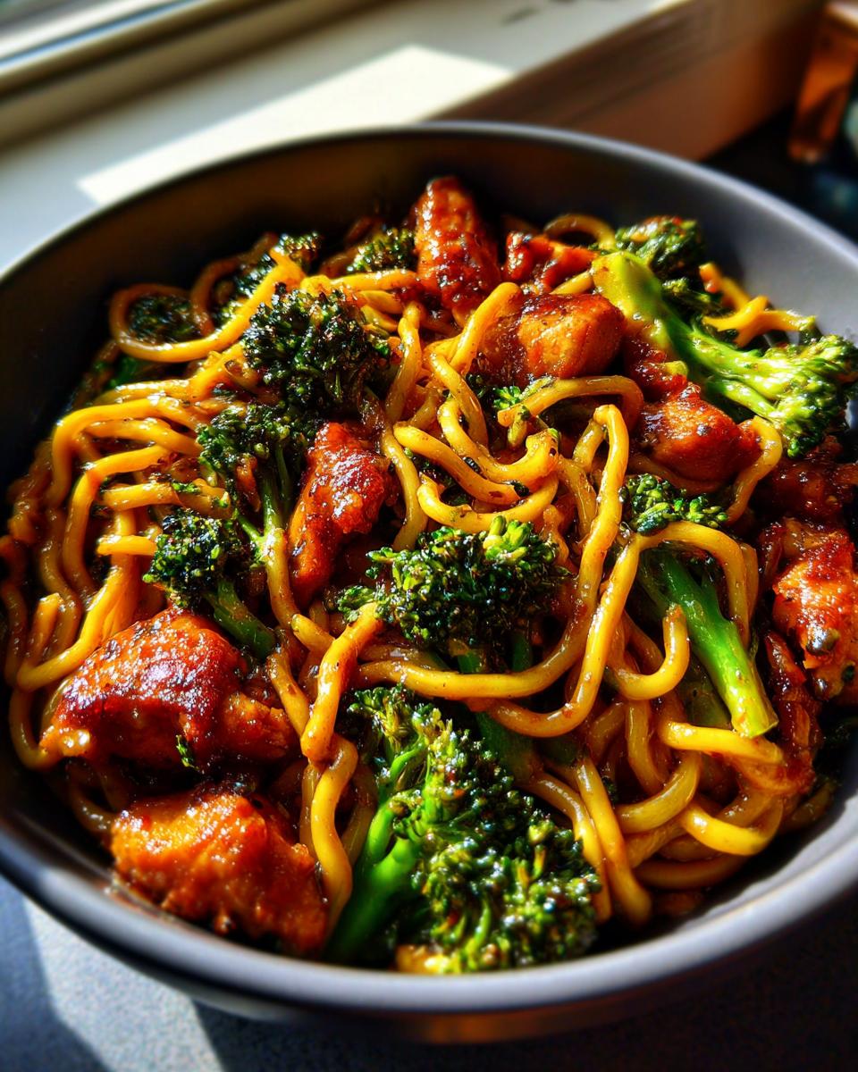 Close-up of a bowl of Spicy Garlic Chicken and Broccoli Noodle Bowls, featuring tender chicken, vibrant broccoli, and savory noodles.