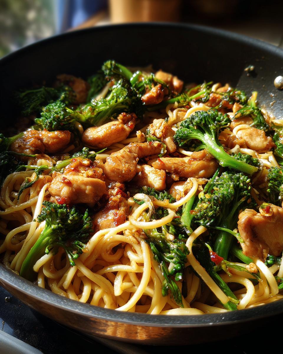 Close-up of Spicy Garlic Chicken and Broccoli Noodle Bowls in a pan, showing tender chicken, crisp broccoli, and noodles coated in sauce.