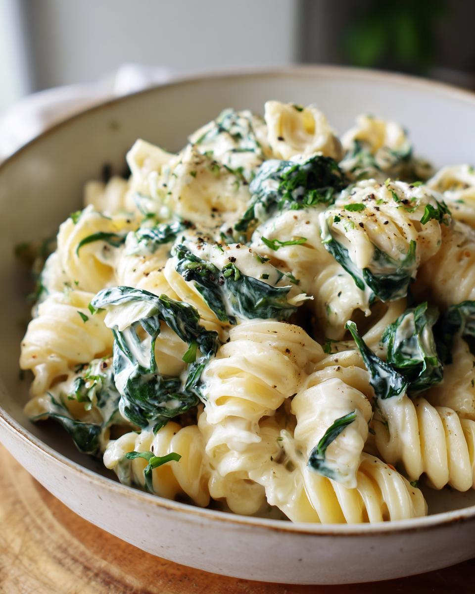 Close-up of creamy spinach artichoke pasta with fusilli noodles, wilted spinach, and a rich sauce.