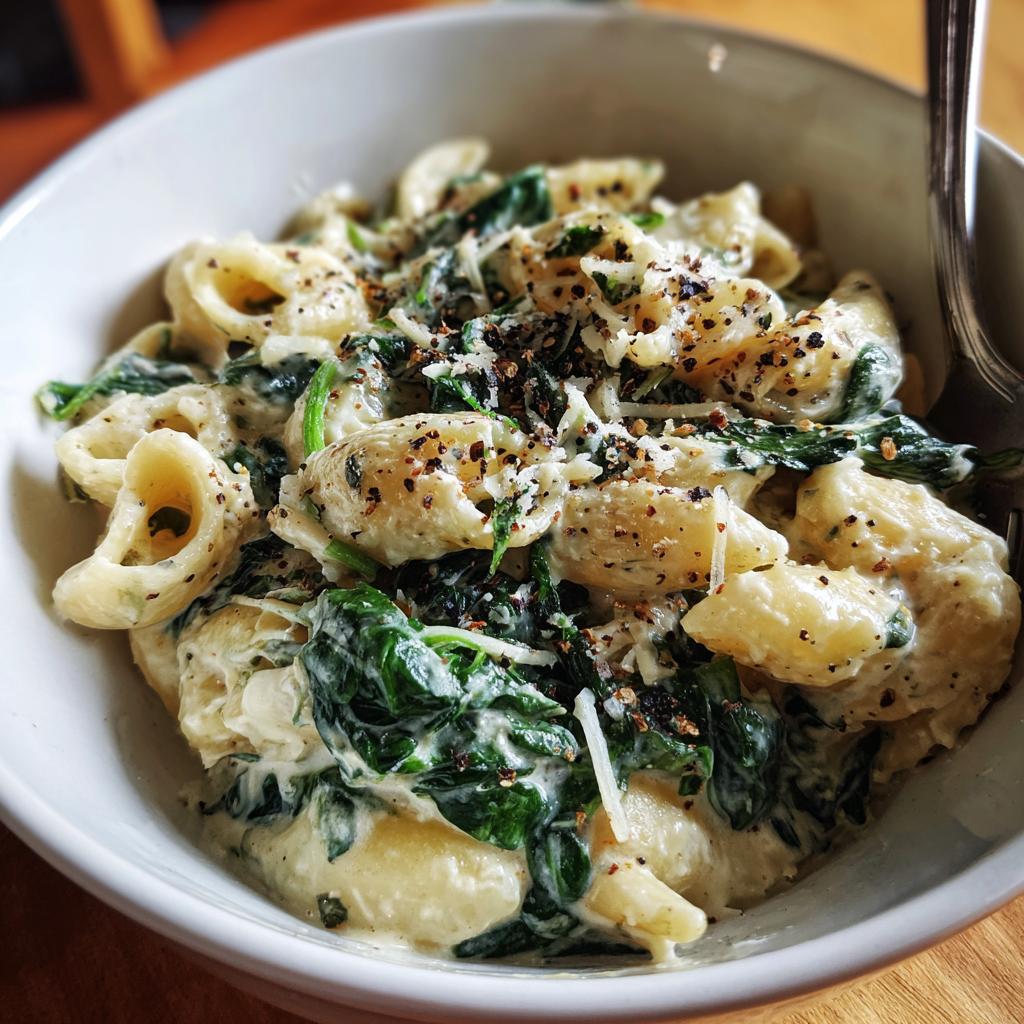 A close-up of creamy spinach artichoke pasta in a white bowl, topped with grated cheese and black pepper.