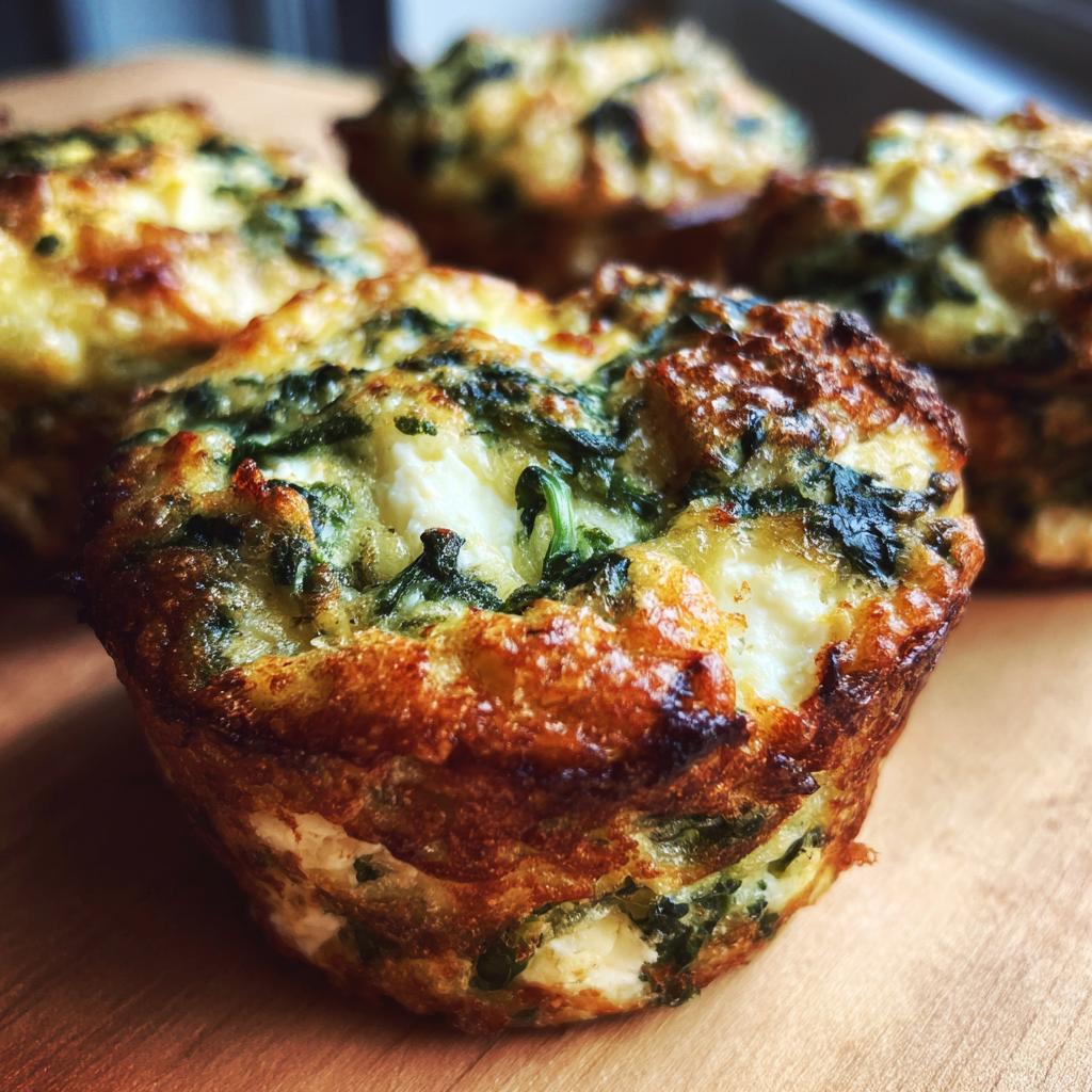 Close-up of a golden-brown spinach feta egg muffin, showcasing chunks of feta cheese and green spinach.