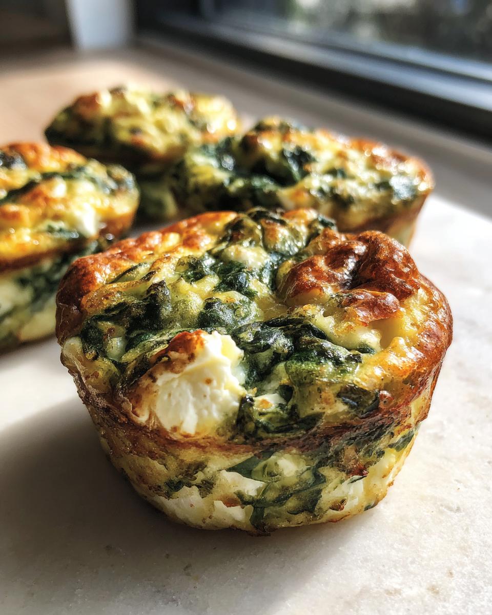 Close-up of a freshly baked spinach feta egg muffin, showcasing fluffy texture and chunks of feta cheese.
