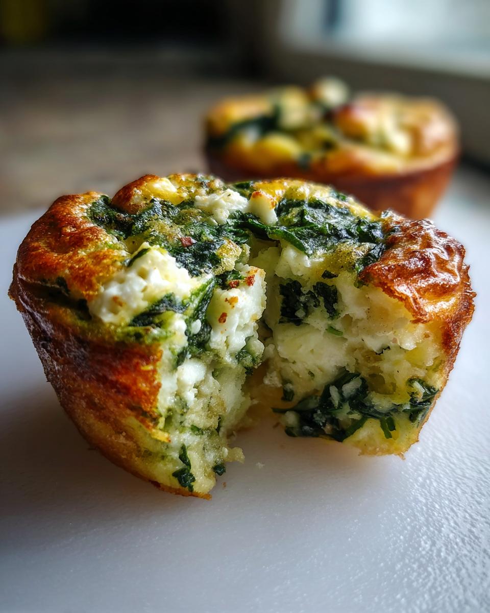 Close-up of a spinach feta egg muffin, showing the fluffy interior with spinach and feta cheese.