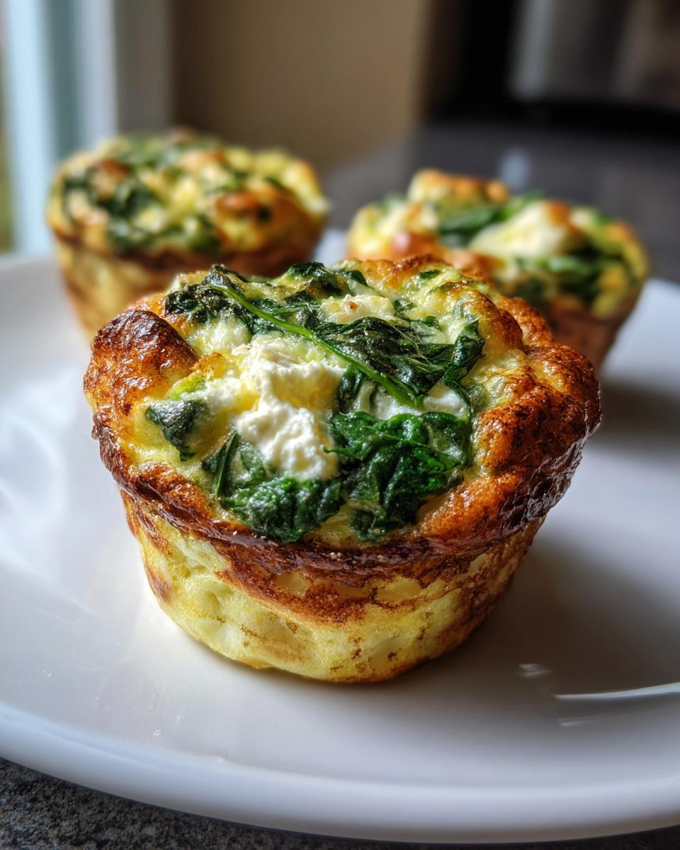 Close-up of three golden-brown spinach feta egg muffins on a white plate, showcasing the spinach and feta filling.