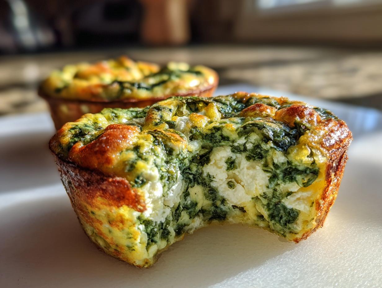 Close-up of a baked spinach feta egg muffin with a bite taken out, revealing fluffy egg and chunks of feta cheese.