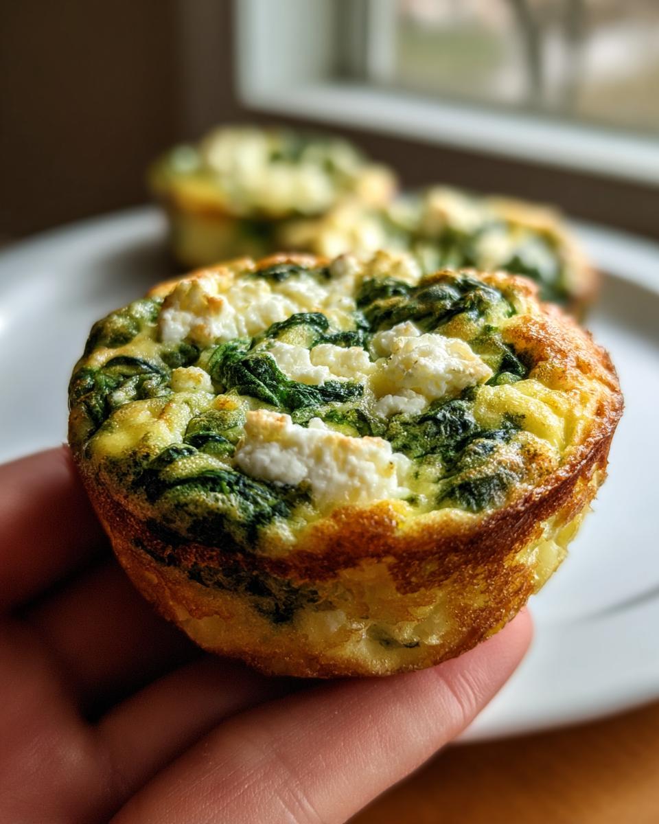 A hand holds a golden-brown spinach feta egg muffin, showcasing its fluffy texture and visible spinach and feta cheese.