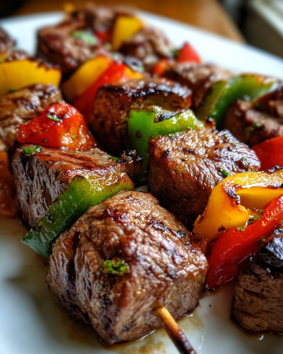 Close-up of grilled steak kabobs with red, green, and yellow bell peppers and onions, seasoned and juicy.