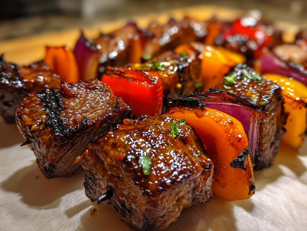 Close-up of juicy grilled steak kabobs with colorful bell peppers and red onion pieces.