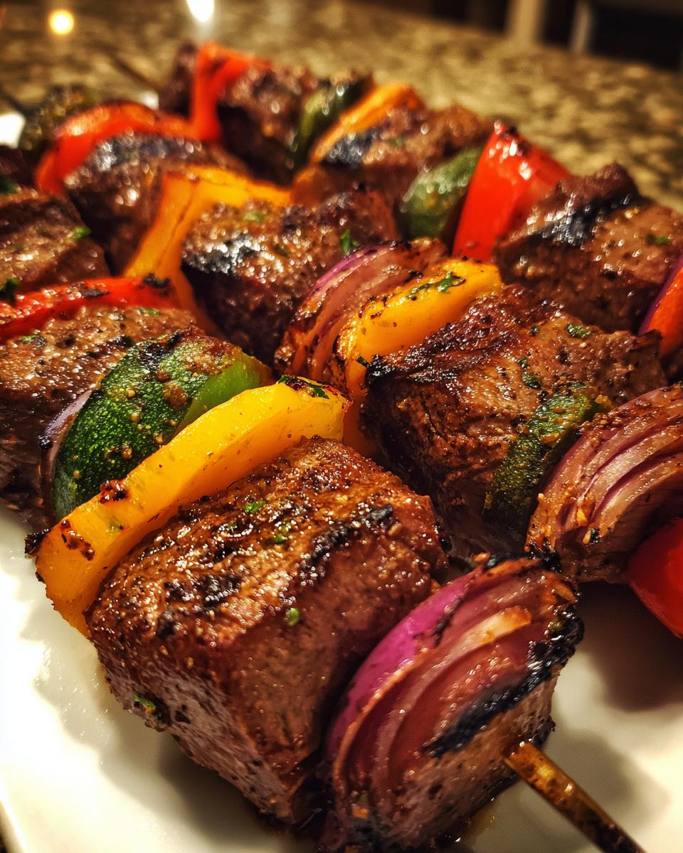 Close-up of grilled steak kabobs with colorful bell peppers and red onions, showcasing grill marks.