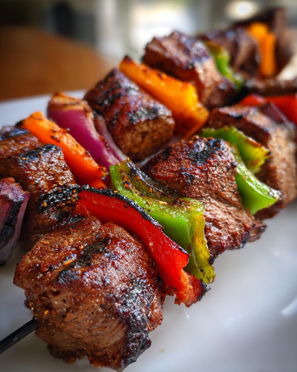 Close-up of grilled steak kabobs with colorful bell peppers and red onions, a perfect grilling recipe.