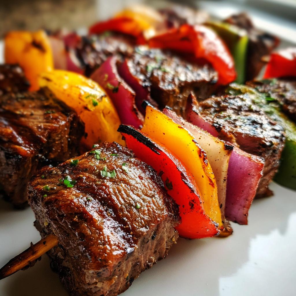 Close-up of grilled steak kabobs with colorful bell peppers and red onions, seasoned and juicy.