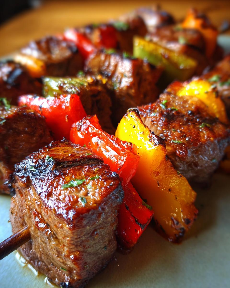 Close-up of grilled steak kabobs with red and yellow peppers, seasoned and juicy.