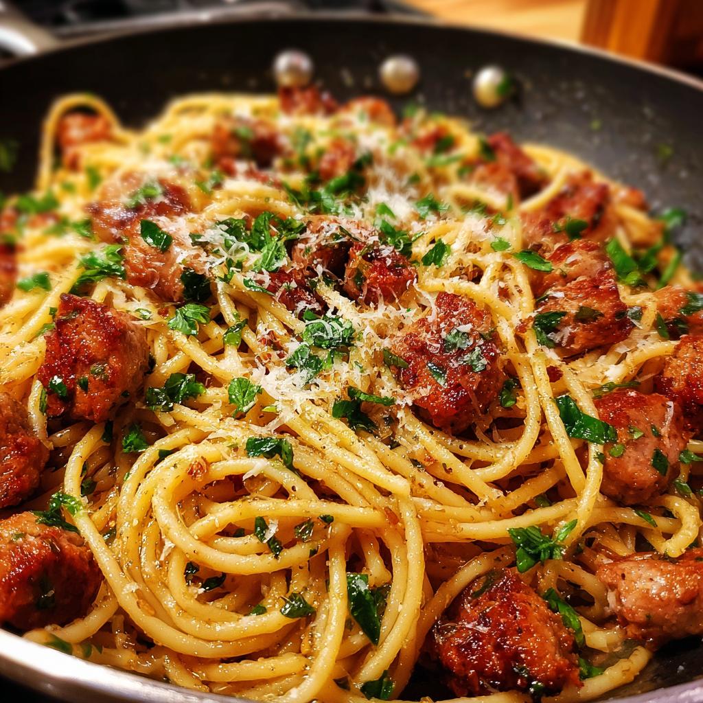 Close-up of a skillet filled with spaghetti, chunks of sausage, and fresh parsley, topped with grated cheese.