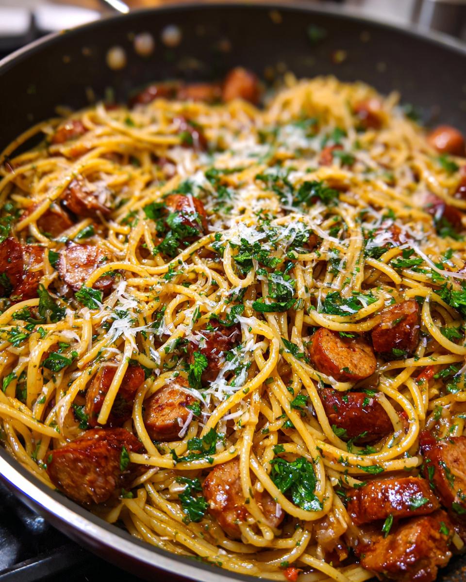 Close-up of a skillet filled with Sticky Honey Garlic Sausage Pasta, garnished with parsley and cheese.