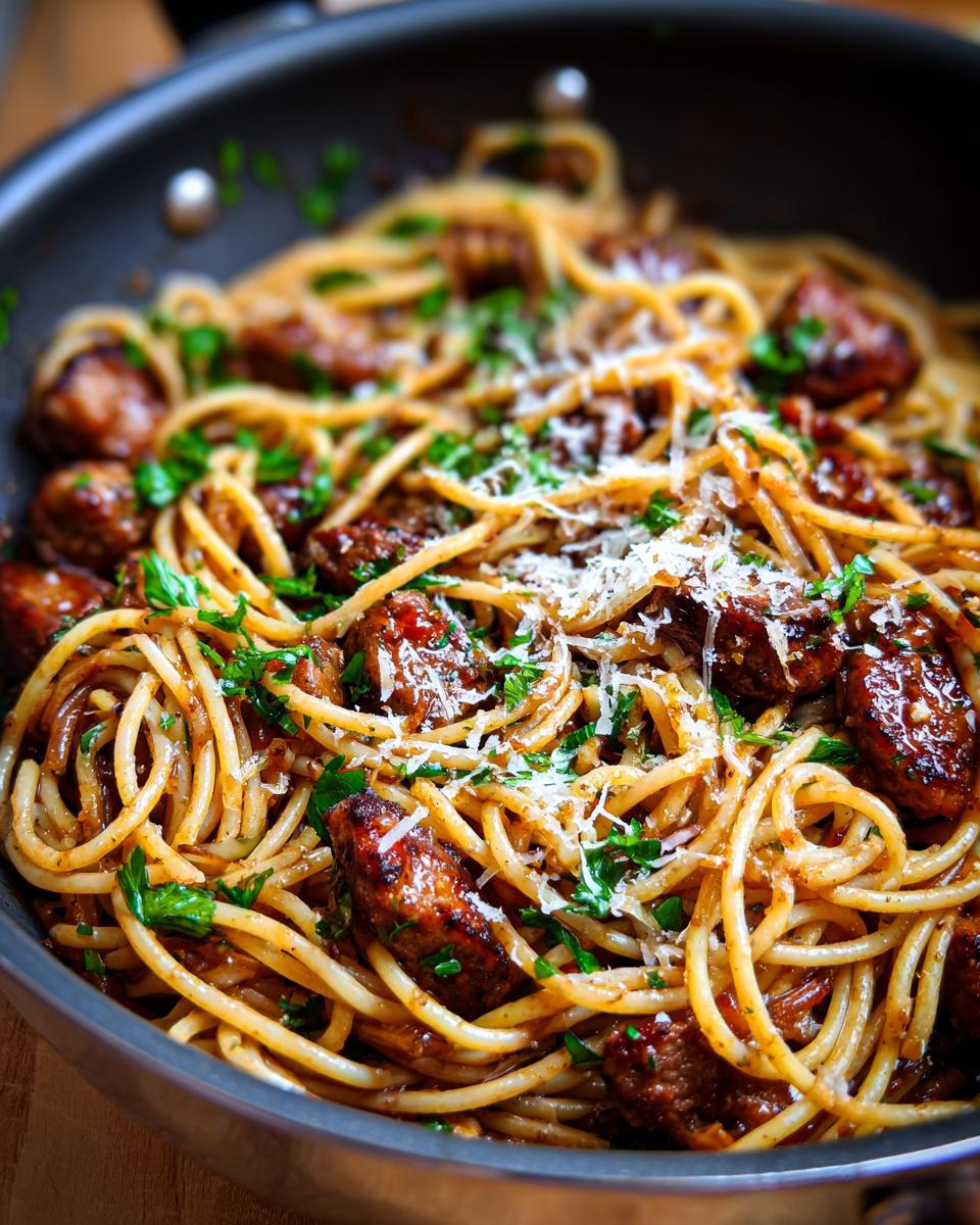 Close-up of a skillet filled with Sticky Honey Garlic Sausage Pasta, garnished with parsley and Parmesan cheese.