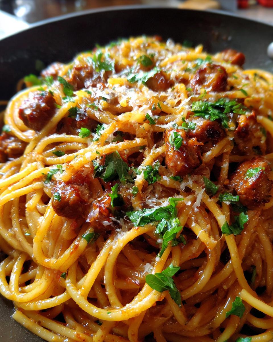 Close-up of a skillet filled with Sticky Honey Garlic Sausage Pasta, topped with parsley and grated cheese.
