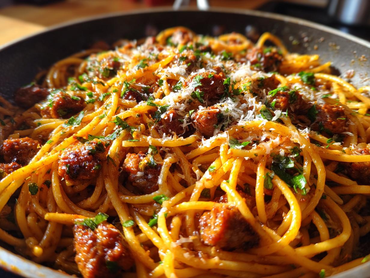 Amazing Sticky Honey Garlic Sausage Pasta Skillet