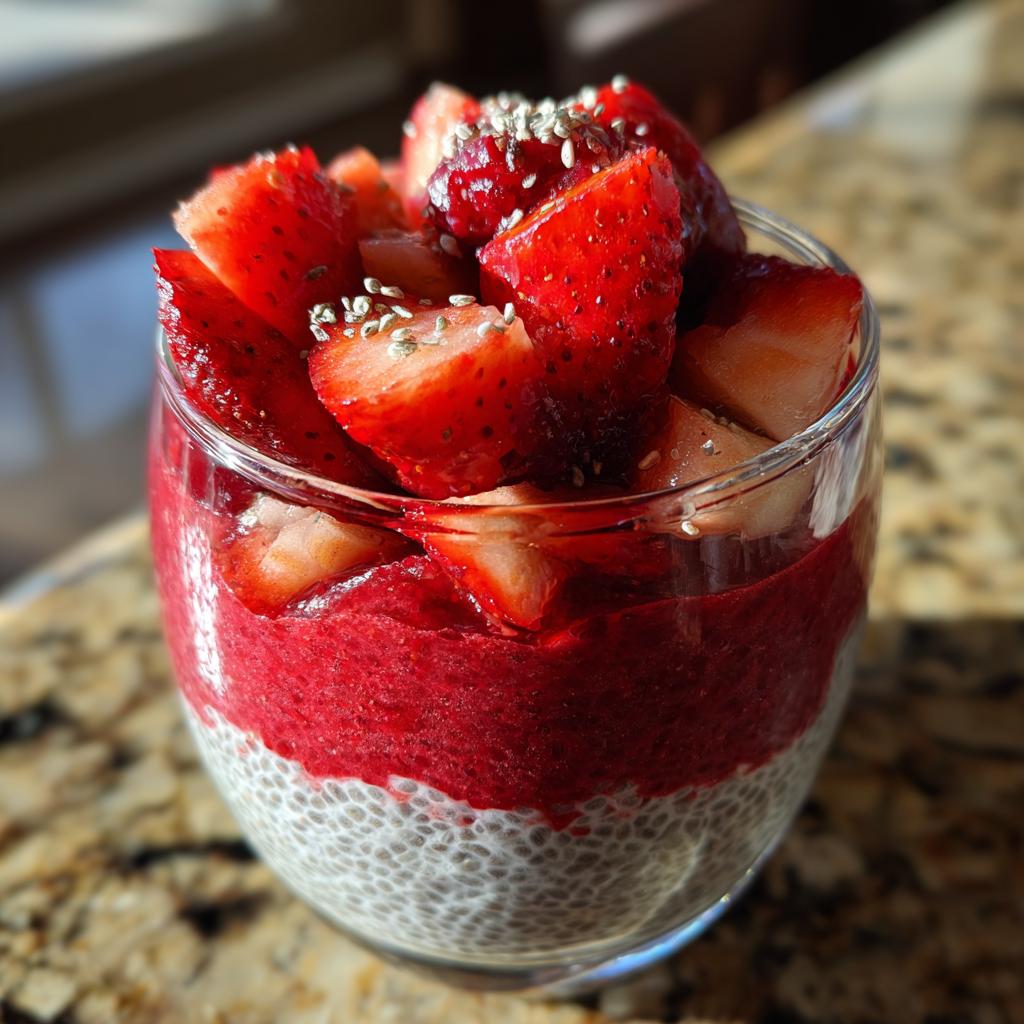 Close-up of a layered chia parfait with chia seed pudding, strawberry puree, and fresh strawberries on top, sprinkled with chia seeds.