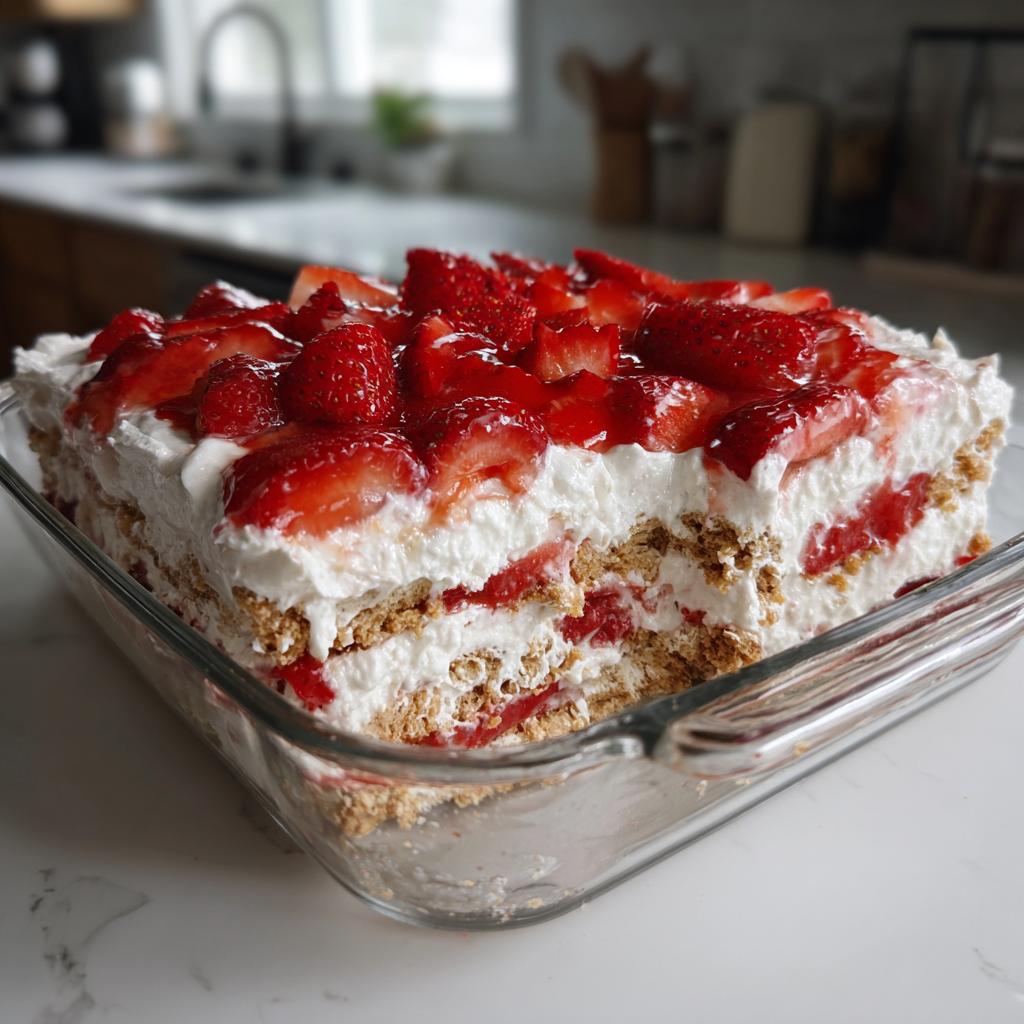A close-up of a delicious strawberry icebox cake in a glass baking dish, layered with cream and graham crackers.