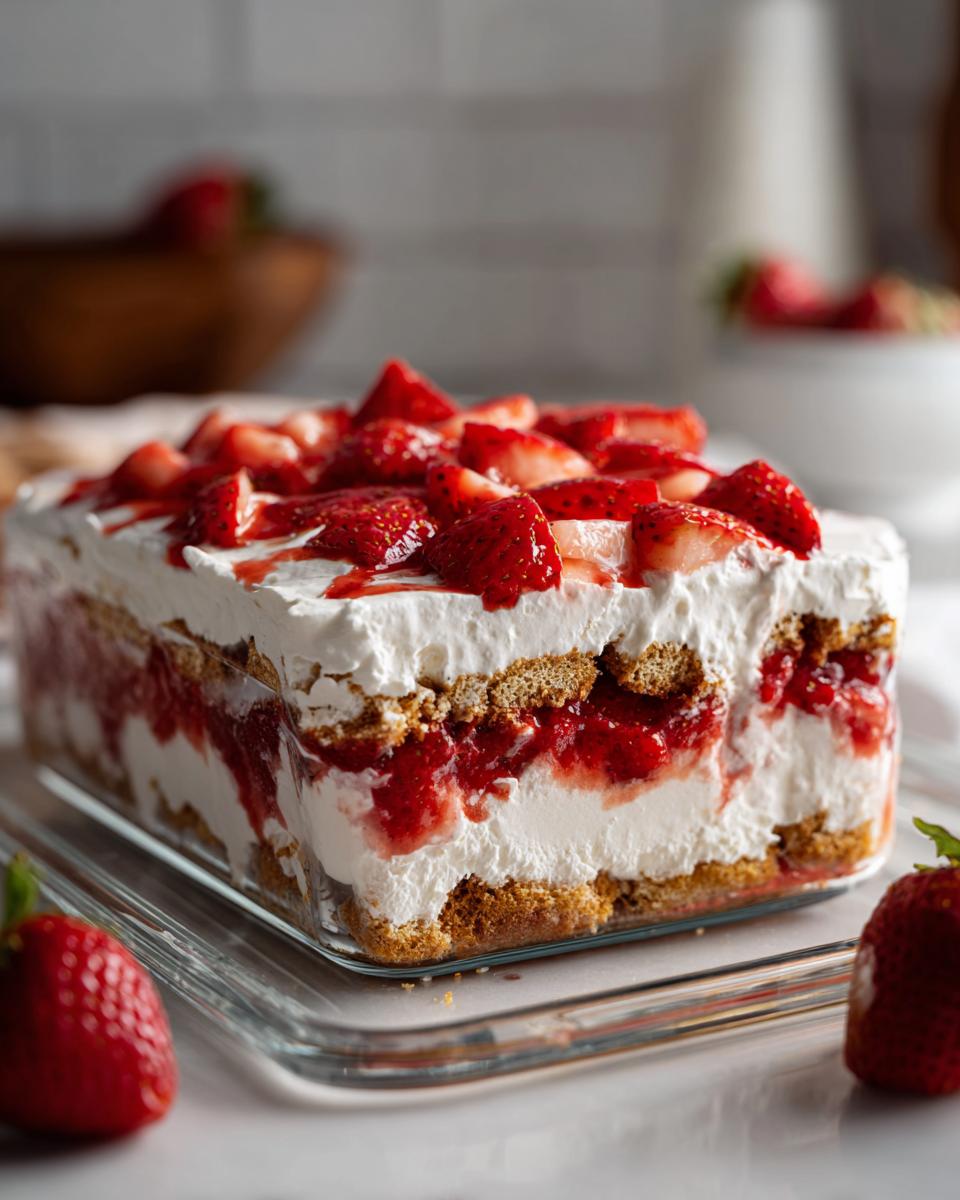 A delicious strawberry icebox cake made with layers of graham crackers, whipped cream, and fresh strawberries.