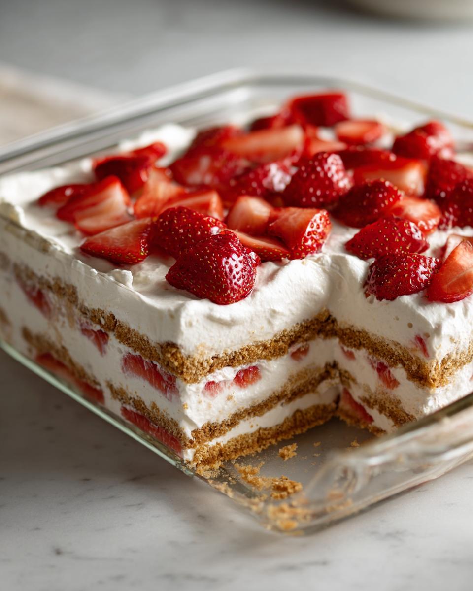 A slice of strawberry icebox cake with layers of graham crackers, whipped cream, and fresh strawberries.