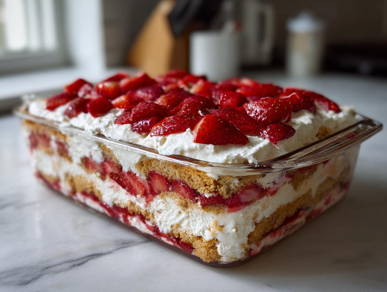A close-up of a strawberry icebox cake in a glass dish, showing layers of cookies, whipped cream, and fresh strawberries.