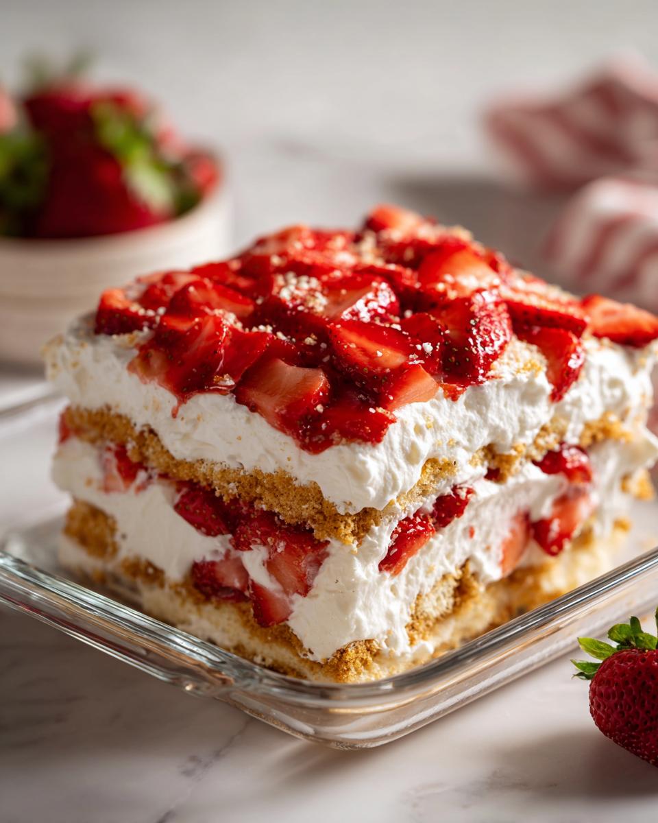 A slice of strawberry icebox cake featuring layers of graham crackers, whipped cream, and fresh strawberries.