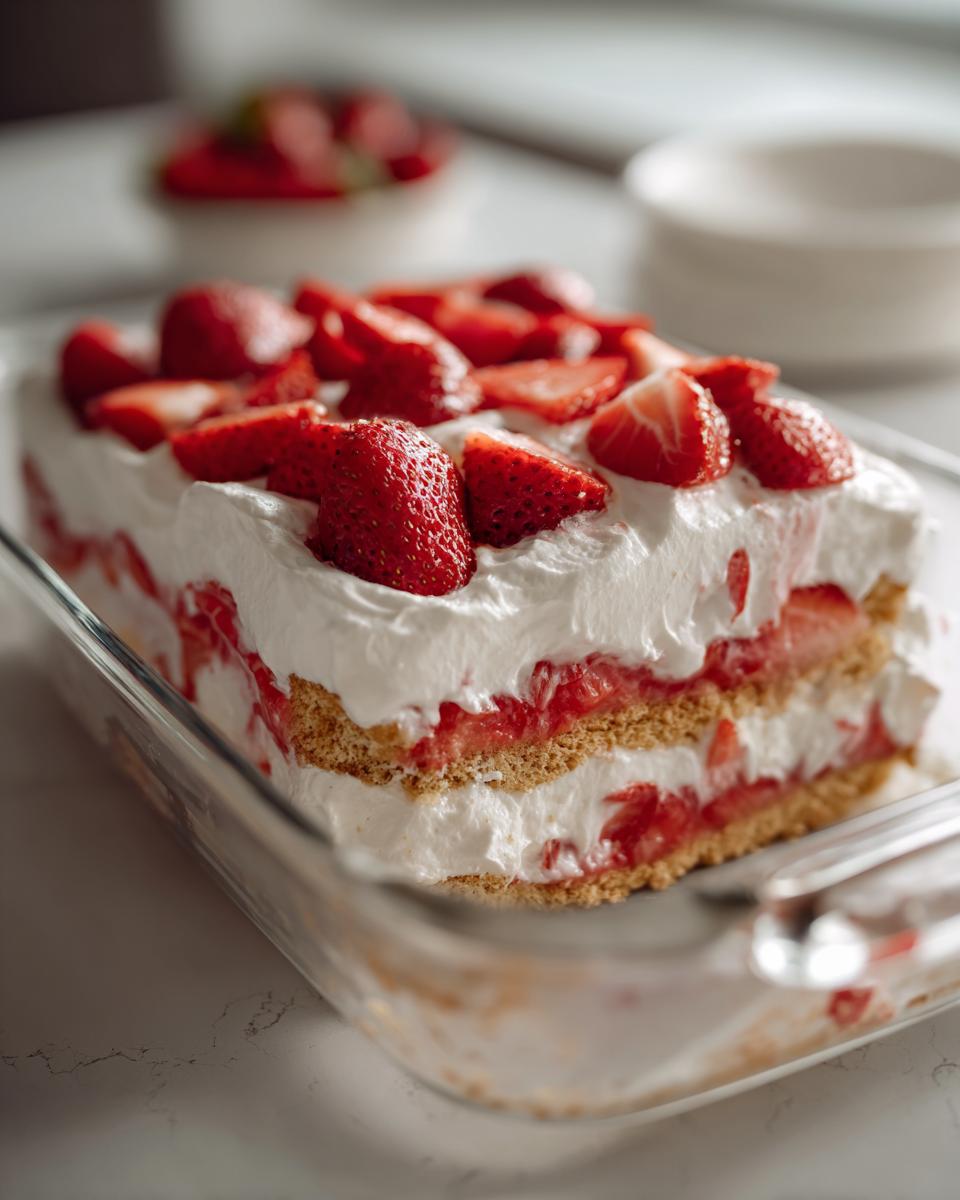 A refreshing strawberry icebox cake layered with graham crackers, whipped cream, and fresh strawberries.