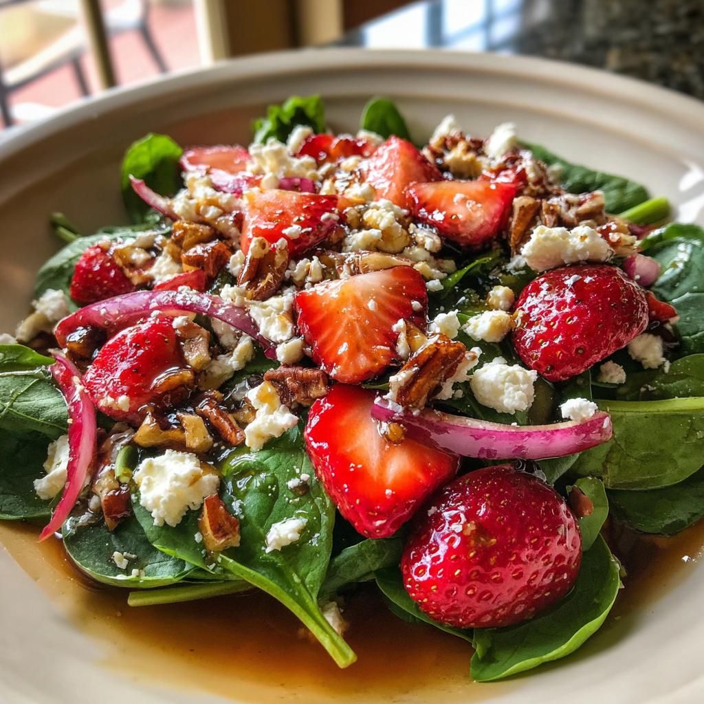A refreshing strawberry spinach salad topped with feta cheese, pecans, and red onion, drizzled with a balsamic glaze.