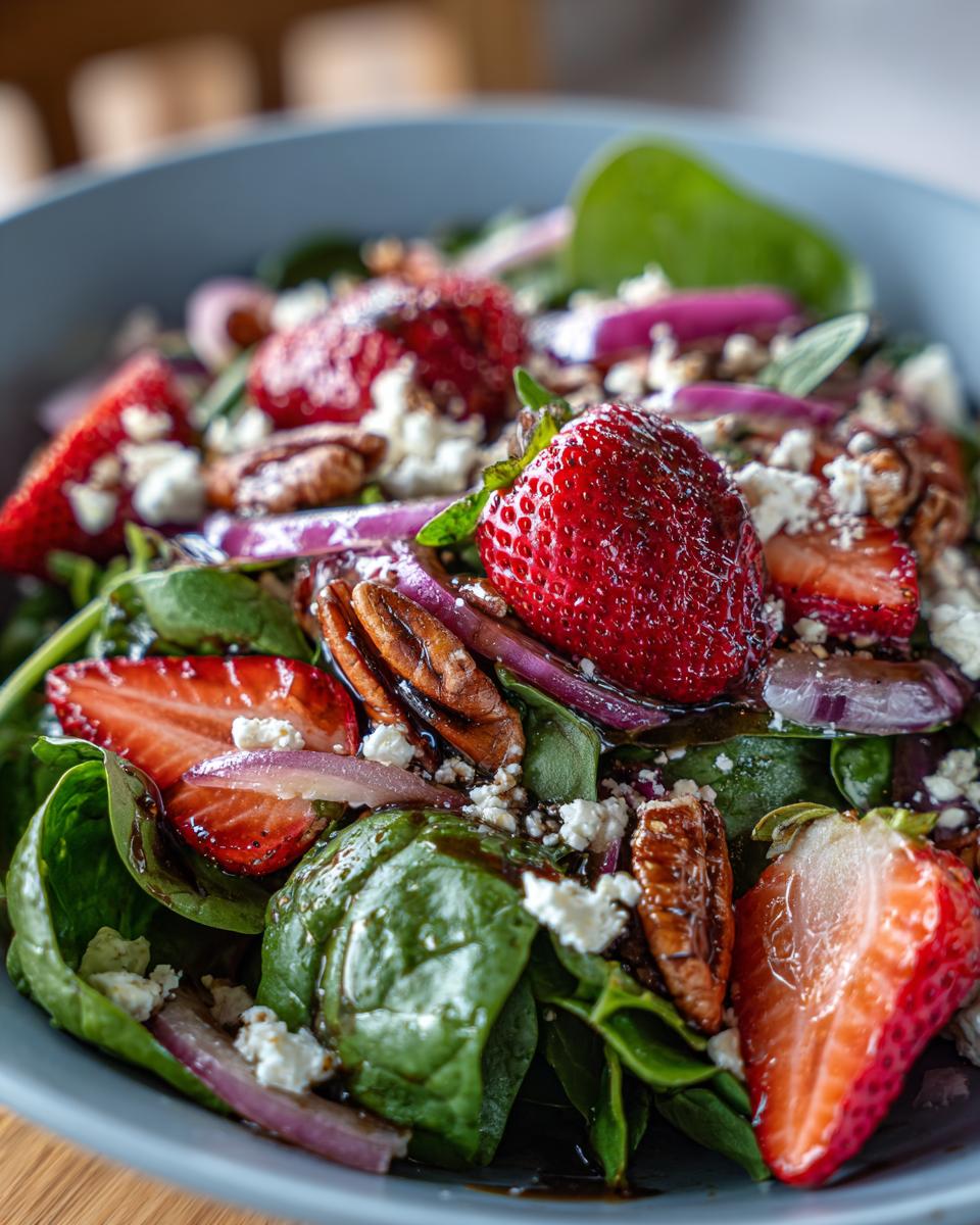 Close-up of a refreshing strawberry spinach salad with feta cheese, red onion, and pecans.