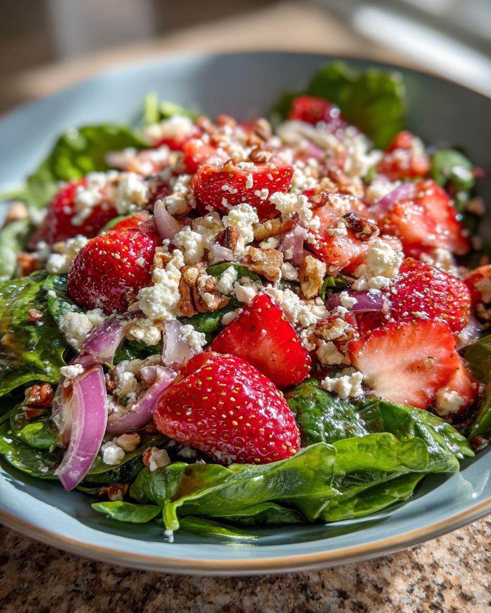 Close-up of a refreshing strawberry spinach salad with feta cheese, red onion, and pecans.